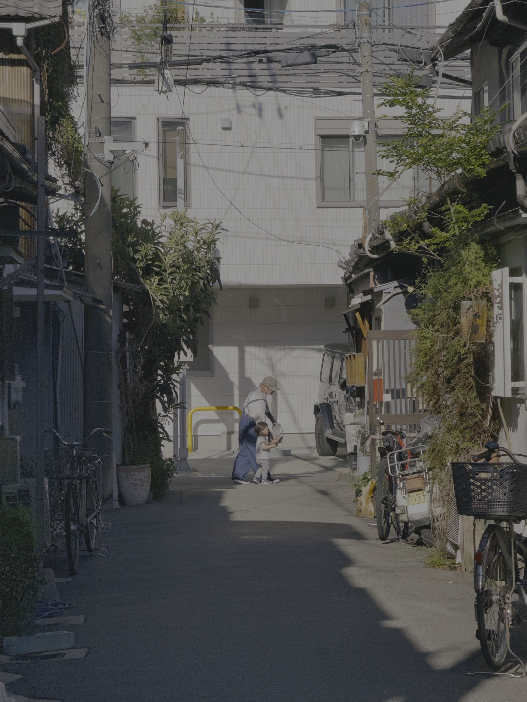 An adult and child crossing a sunlit lane lined with bicycles and plants.